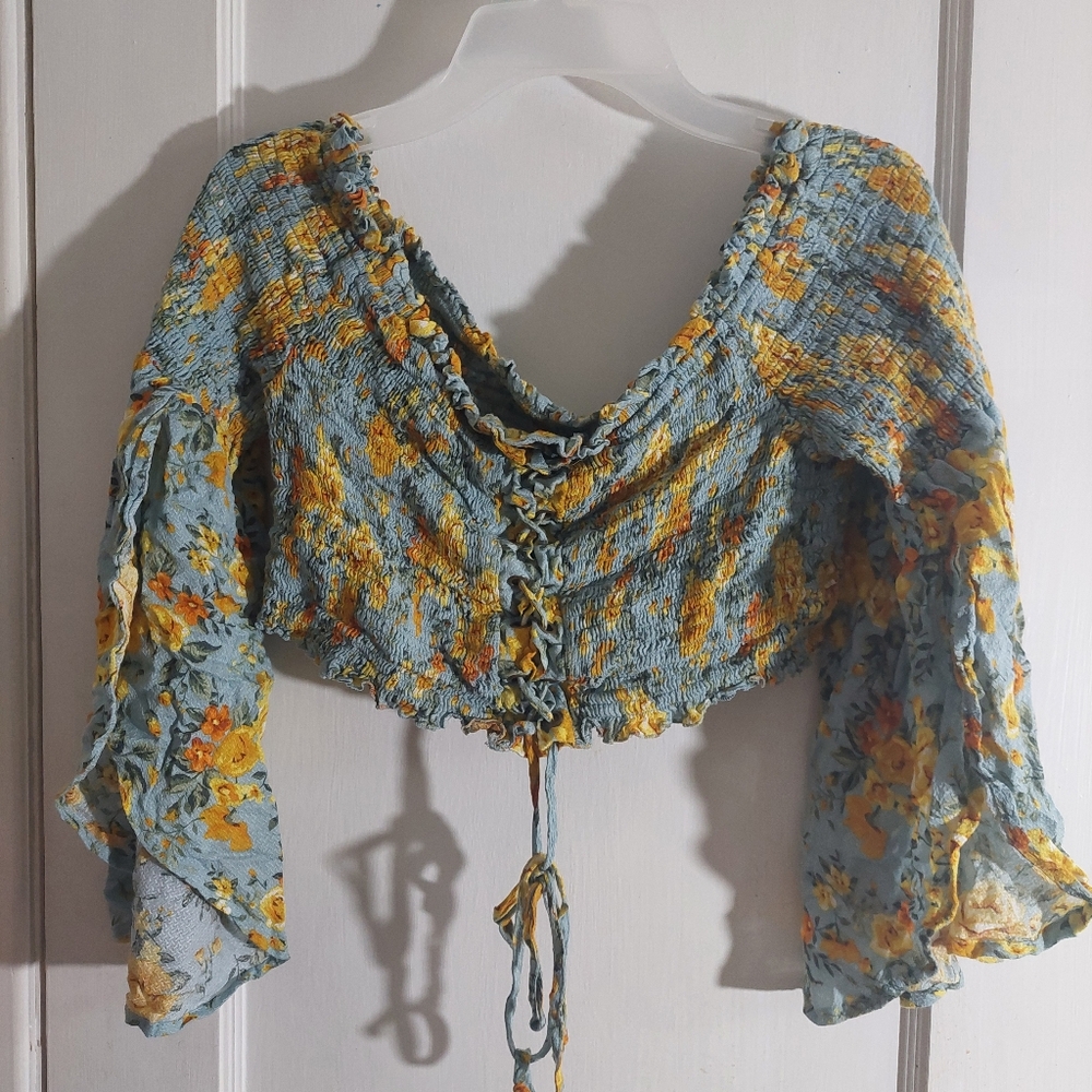 Xhilaration Ruched Corset Blue & Yellow Crop Top Flared Sleeve Size M Whimsy 90s